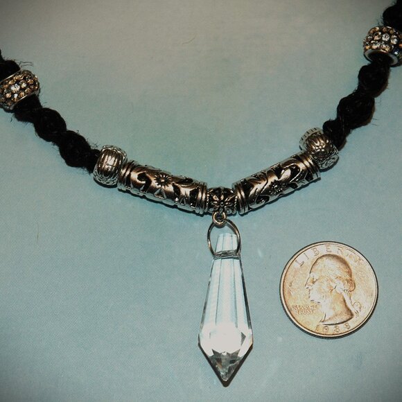 Clear Prism with Red & Clear Rhinestone Accents on Handmade Black Hemp Chain - Picture 3 of 5